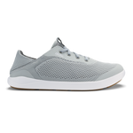Cloud grey athletic shoe with perforated mesh upper, white midsole, and tan outsole.