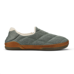 Gray quilted slipper with tan leather trim, cream fleece lining, and dark sole.