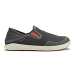 Charcoal mesh slip-on shoe with red accent panel, cream sole, and OluKai branding on side.