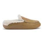 Tan suede moccasin slipper with white fleece lining and stitched detailing.