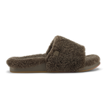 Walnut fuzzy slide slipper with twisted knot detail and tan sole, shown in profile view.